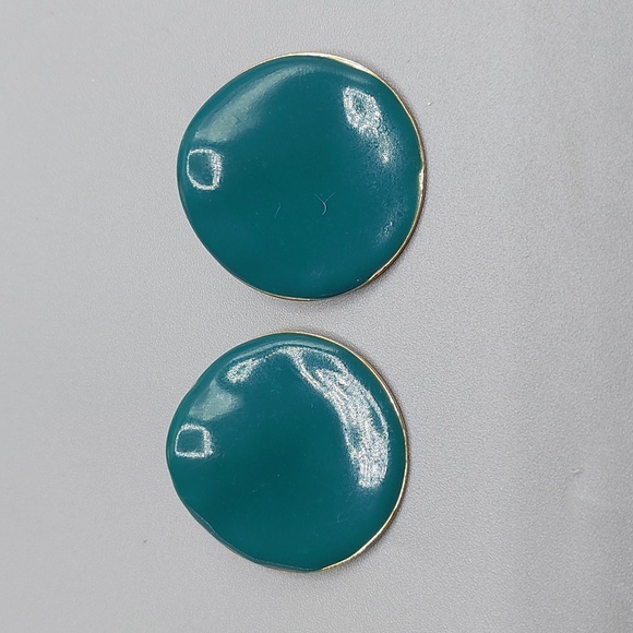 Vintage Jewelry - Vintage 90s Modern Art Deco Gold Teal Enamel Coated Round Stud Earrings